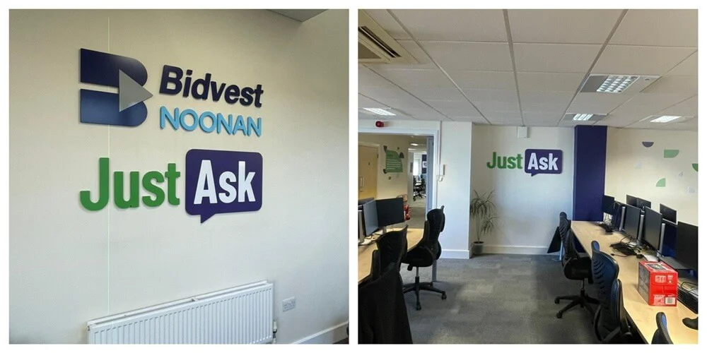 A collage of the green and blue Just Ask interior wall signage.